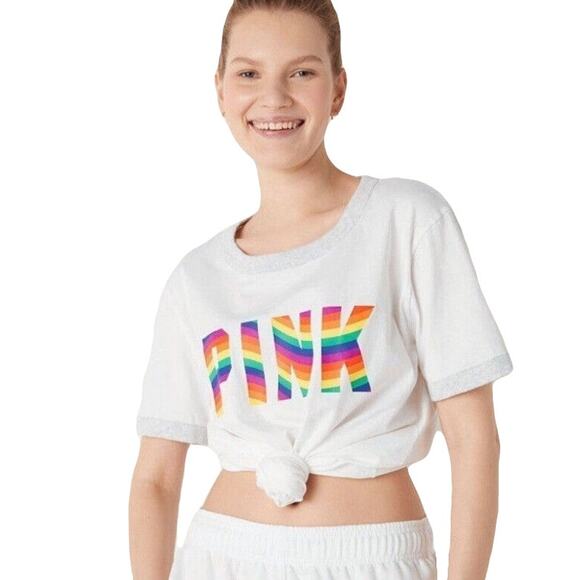NWOT PINK VICTORIAS SECRET Top L 2021 Ringer Short Sleeve Rainbow Logo - Picture 1 of 7